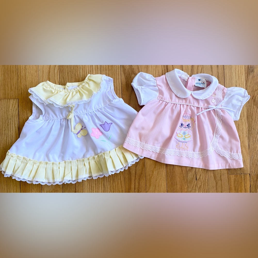 Vintage 80s Baby Girl's Dresses *3-6 Months* Set of 2 Cotton Kittens Butterflies